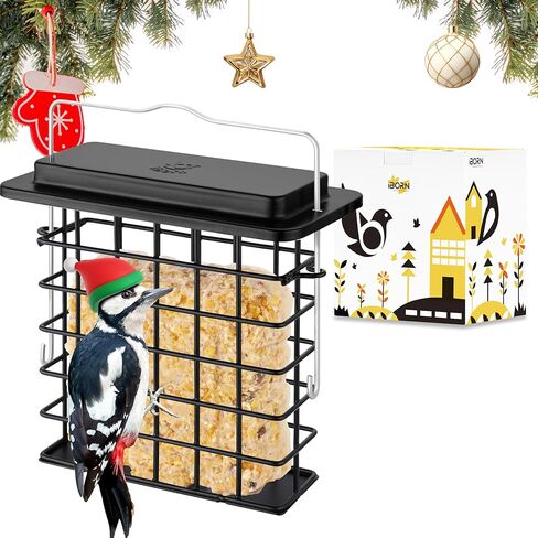 مغذيات الطيور من iBorn Suet Feeder [سعة واحدة] للتعليق الخارجي مع شبكة أطول لنقار الخشب، معدن أسود (عبوة من 1) in Kuwait