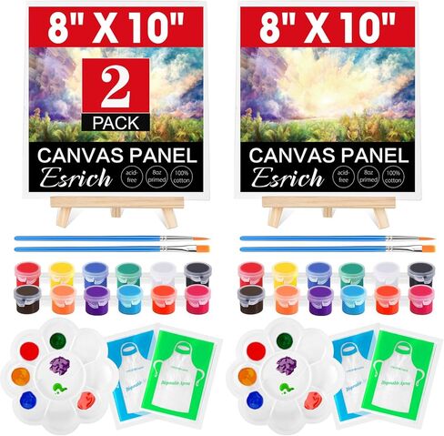 ESRICH 2 Pack 8x10 Canvas and Easel Set, Mini Acrylic Paint, Paint Brushes, Palettes, Aprons, Sip and Paint Kits for Adults Couples Friends Date Night Painting Party Supplies in Saudi Arabia