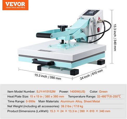 VEVOR Heat Press 15x15, High Pressure Heat Press Machine for T Shirts, Slide Out Professional Heat Press for Sublimation, Vinyl, Heat Transfer Projects, Heats Up Fast & Evenly, Green in Saudi Arabia