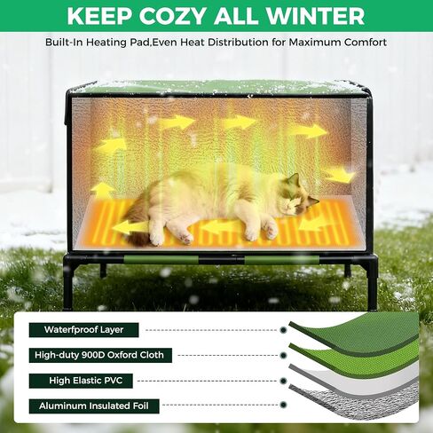 بيت قطط مُدفأ للاستخدام الخارجي، قماش أكسفورد 900D، بيت قطط خارجي مقاوم للطقس مع وسادة تسخين بجهاز تحكم عن بعد، بيوت قطط معزولة بأقدام قابلة للإزالة لعزل الرطوبة، ضد الطقس القاسي in Kuwait