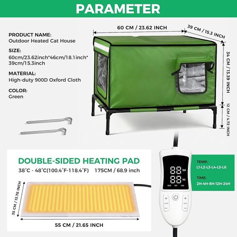 بيت قطط مُدفأ للاستخدام الخارجي، قماش أكسفورد 900D، بيت قطط خارجي مقاوم للطقس مع وسادة تسخين بجهاز تحكم عن بعد، بيوت قطط معزولة بأقدام قابلة للإزالة لعزل الرطوبة، ضد الطقس القاسي in Kuwait