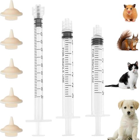 Pet Feeder Syringe, Newborn Animal Feeder Syringe Individually Wrapped, 1ML/3ML/5ML Pet Feeding Nursing Syringe with 5 Nipple, Silicone Pet Feeding Nipple for Kitten Puppy and Small Animals in Saudi Arabia