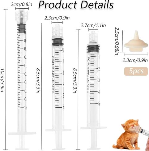 Pet Feeder Syringe, Newborn Animal Feeder Syringe Individually Wrapped, 1ML/3ML/5ML Pet Feeding Nursing Syringe with 5 Nipple, Silicone Pet Feeding Nipple for Kitten Puppy and Small Animals in Saudi Arabia