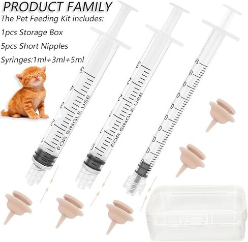 Pet Feeder Syringe, Newborn Animal Feeder Syringe Individually Wrapped, 1ML/3ML/5ML Pet Feeding Nursing Syringe with 5 Nipple, Silicone Pet Feeding Nipple for Kitten Puppy and Small Animals in Saudi Arabia
