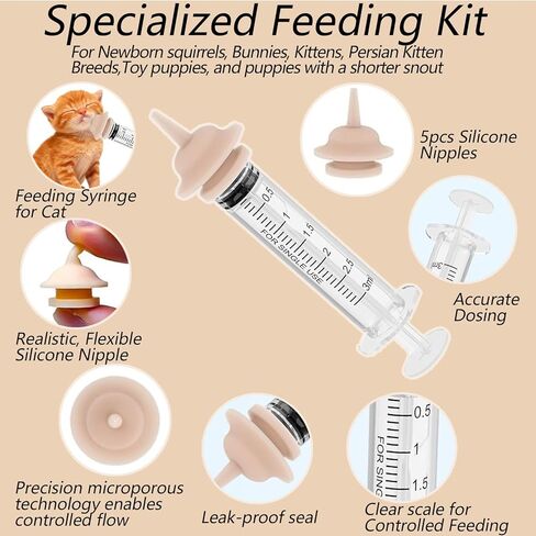 Pet Feeder Syringe, Newborn Animal Feeder Syringe Individually Wrapped, 1ML/3ML/5ML Pet Feeding Nursing Syringe with 5 Nipple, Silicone Pet Feeding Nipple for Kitten Puppy and Small Animals in Saudi Arabia