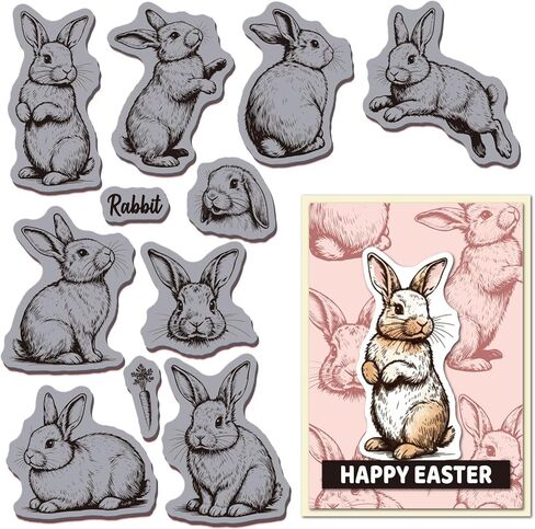 طوابع مطاطية على شكل أرنب عتيق من GLOBLELAND مقاس 8.7 × 7 بوصة لحيوانات عيد الفصح EVA Cling Mount Stamp مجموعة طوابع مطاطية للأرانب الواقعية لصنع البطاقات وتزيين ألبوم الصور DIY سكرابوكينغ in Kuwait