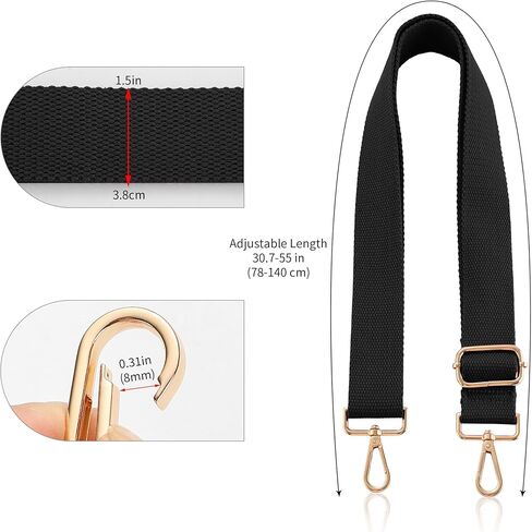 Wide Purse Strap Replacement Crossbody Shoulder Bag, Universal Adjustable Straps for Bags, Gold Buckle - Black in Kuwait