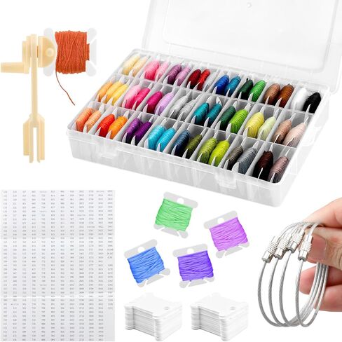 Embroidery Floss Organizer,Cross Stitch Thread Storage Box Tool,w/Bobbins Winder,1 Removable 24 Grids Clear Bead Organizer Case,100 Floss Bobbins,1 Numbered Sticker,for Craft DIY in Saudi Arabia