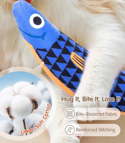 ألعاب القطط مع [5000 ملجم A + النعناع البري الطبيعي والفضة] [درجة الأطفال] ألعاب تفاعلية ناعمة للمضغ للقطط والقطط الصغيرة، لعبة صوت السمكة [التجعيد والجرس]، تدفع القطط بالملل إلى الجنون بالمرح in Kuwait