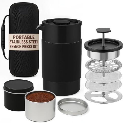Small French Press Coffee Maker Set - 12 oz | Portable Travel French Press Coffee Maker | Double Wall Insulated with Dual Stainless Filters & 2 Steel Canisters for Grounds, Tea, Creamer & Sugar in Saudi Arabia