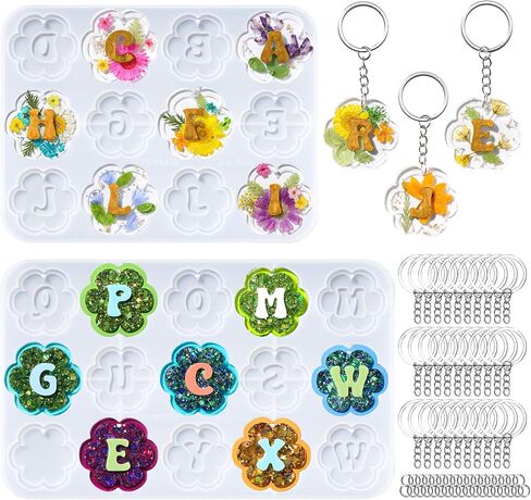 LET'S RESIN Keychain Resin Molds Silicone with Hole, 27 Cavities Flower Alphabet UV Resin Jewelry Pendant Molds kit for Beginner, Letter Epoxy Resin Molds for Keychain Pendant Jewelry Making in Saudi Arabia