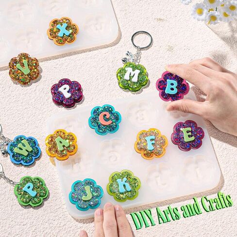LET'S RESIN Keychain Resin Molds Silicone with Hole, 27 Cavities Flower Alphabet UV Resin Jewelry Pendant Molds kit for Beginner, Letter Epoxy Resin Molds for Keychain Pendant Jewelry Making in Saudi Arabia