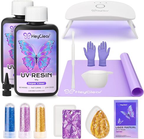 HeyClear UV Resin Kit with Light -200g Crystal Clear, Hard Resina UV Light Fast Curing UV Glue for Beginners Crafting, Molds Jewelry Making, DIY Craft Decorations in Kuwait