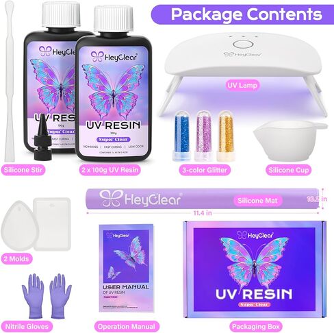 HeyClear UV Resin Kit with Light -200g Crystal Clear, Hard Resina UV Light Fast Curing UV Glue for Beginners Crafting, Molds Jewelry Making, DIY Craft Decorations in Kuwait