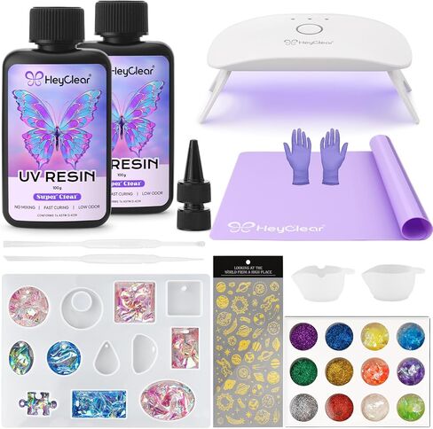 HeyClear UV Resin Kit with Light -200g Crystal Clear, Hard Resina UV Light Fast Curing UV Glue for Beginners Crafting, Molds Jewelry Making, DIY Craft Decorations in Kuwait