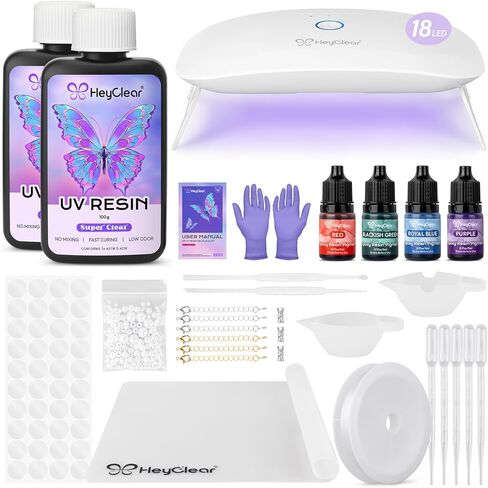 HeyClear UV Resin Kit with Light -200g Crystal Clear, Hard Resina UV Light Fast Curing UV Glue for Beginners Crafting, Molds Jewelry Making, DIY Craft Decorations in Kuwait