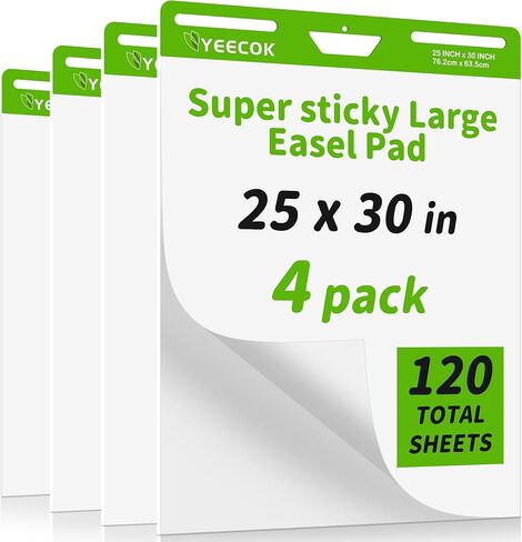 Sticky Easel Pad 25 in x 30 in, 30 Sheets/Pad, 4 Pads/Pack, Sticky Flip Chart Paper for Teachers, Super Sticking Power & Bleed-Resistant in Saudi Arabia