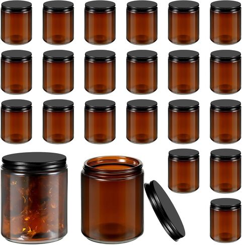 Lallisa 48 قطعة من برطمانات زجاج العنبر سعة 8 أونصة مع أغطية سوداء، برطمانات مستحضرات تجميل زجاجية مستديرة مع أغطية، برطمانات شموع كهرمانية فارغة، حاويات تخزين طعام قابلة لإعادة الملء، وعاء تعليب لمسحوق التوابل، عينة مكياج سائلة in Kuwait