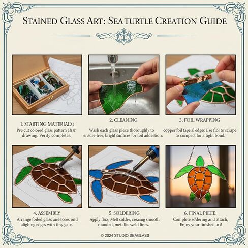 LemonRoad 1 Set Unfinished Sea Turtle Pre Cut Stained Glass DIY Stained Glass Craft Kit with Solder Wire, Gel Flux, Flux Brush for Adult Make Your Own Beautiful Art Handcrafts for Home Decor in Kuwait