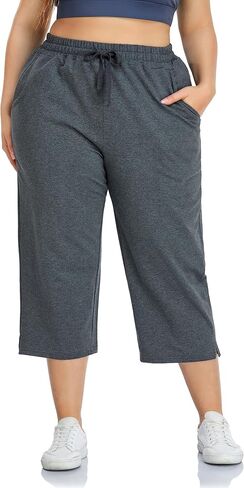 ZERDOCEAN Women's Plus Size Active Yoga Sweatpants Cotton Jersey Capris Athletic Crop Pants with Pockets Drawstring in Saudi Arabia
