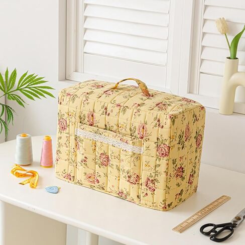 Sewing Machine Dust Cover, Floral Quilted Sewing Machine Cover with Pocket, Craft Room Sewings Supply Organizer (Yellow, 17 Inches) in Saudi Arabia