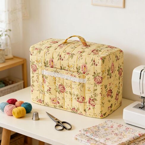 Sewing Machine Dust Cover, Floral Quilted Sewing Machine Cover with Pocket, Craft Room Sewings Supply Organizer (Yellow, 17 Inches) in Saudi Arabia