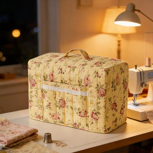 Sewing Machine Dust Cover, Floral Quilted Sewing Machine Cover with Pocket, Craft Room Sewings Supply Organizer (Yellow, 17 Inches) in Saudi Arabia