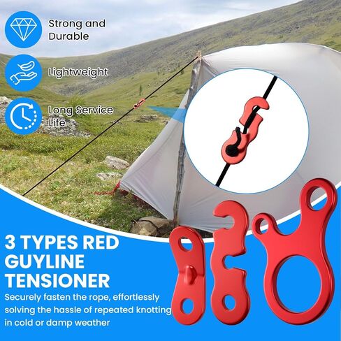 SDTC Tech 30PCS Guyline Tensioner, 3 Types Aluminum Alloy Guy Line Cord Adjusters, Tent Guyline & Paracord Tensioners for Camping, Hiking, Backpacking, and Outdoor Tent Accessories, Red in Saudi Arabia