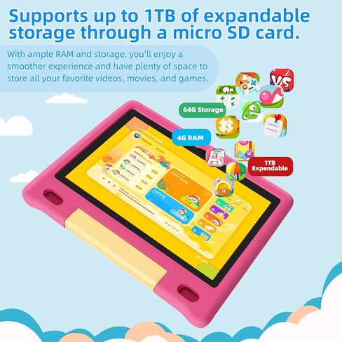 تابلت للأطفال، شاشة لمس IPS HD مقاس 10.1 بوصة تعمل بنظام Android 14 ومساحة تخزين 64 جيجابايت، وذاكرة الوصول العشوائي (RAM) سعة 8 جيجابايت (4+4 افتراضية)، وجهاز لوحي ثماني النواة للأطفال مع حافظة مقاومة للأطفال، وأدوات تحكم أبوية، وبطارية 12 ساعة، وواي فاي in Kuwait