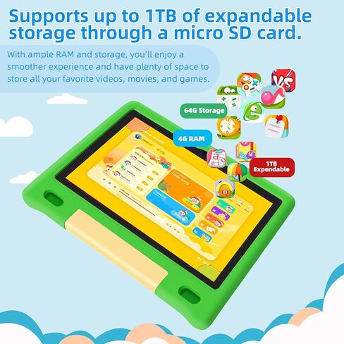 تابلت للأطفال، شاشة لمس IPS HD مقاس 10.1 بوصة تعمل بنظام Android 14 ومساحة تخزين 64 جيجابايت، وذاكرة الوصول العشوائي (RAM) سعة 8 جيجابايت (4+4 افتراضية)، وجهاز لوحي ثماني النواة للأطفال مع حافظة مقاومة للأطفال، وأدوات تحكم أبوية، وبطارية 12 ساعة، وواي فاي in Kuwait