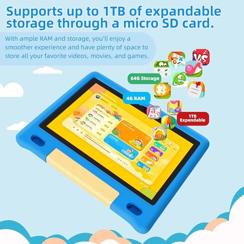 تابلت للأطفال بشاشة لمس 10.1 بوصة IPS HD تعمل بنظام Android 15 ومساحة تخزين 64 جيجابايت، وذاكرة وصول عشوائي 8 جيجابايت، وأجهزة لوحية للأطفال ثماني النواة، وأدوات تحكم أبوية، وبطارية 12 ساعة، وواي فاي، ونظام تحديد المواقع - أزرق in Kuwait