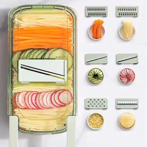 قطاعة الخضروات، قطاعة شرائح الطعام مع حاوية محمولة، 6 شفرات وصندوق شفرات، أدوات مطبخ مغناطيسية للبطاطس النباتية وزبدة البصل والجزر، قطاعة خضروات المطبخ المدمجة متعددة الأغراض in Kuwait