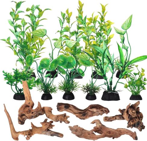 16 Pcs Aquarium Decor Fish Tank Decorations Include 6 Small Natural Coral Driftwood Spiderwood and 10 Green Plastic Plants for Reptile Terrarium Accessories Goldfish Tank Decor in Saudi Arabia
