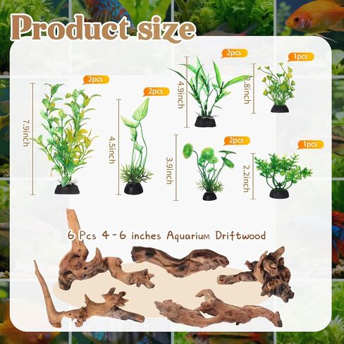 16 Pcs Aquarium Decor Fish Tank Decorations Include 6 Small Natural Coral Driftwood Spiderwood and 10 Green Plastic Plants for Reptile Terrarium Accessories Goldfish Tank Decor in Saudi Arabia
