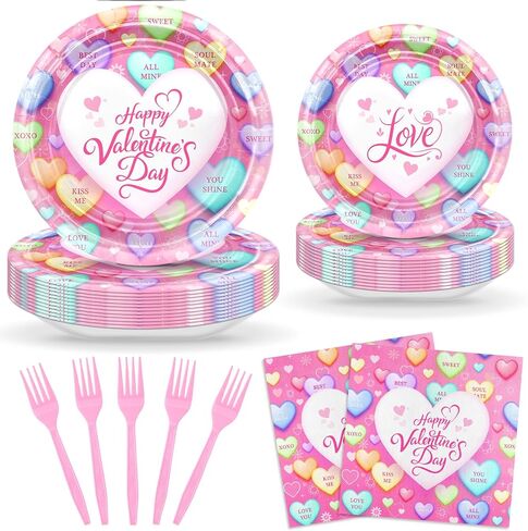Avezano 96 pcs Valentines Plates and Napkins Disposable Happy Valentine's Day Paper Plates Conversation Hearts Tableware Serve 24, Pink in Saudi Arabia
