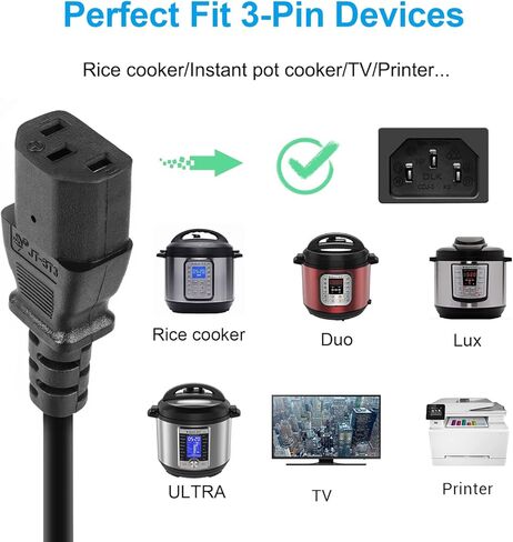 Power Cord Compatible with Instant Pot Electric Pressure Cooker, Power Quick Pot, Rice Cooker, Soy Milk Maker, Microwaves More and Kitchen Appliances 3 Prong Replacement Power Cable UL Listed in Saudi Arabia