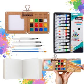 Mini Watercolor Paint Set, Mini Watercolor Travel Set, Pocket Watercolor Kit with Paints, Watercolor Brush Pens, Sketchbook & Wooden Box for Artists & Students in Saudi Arabia