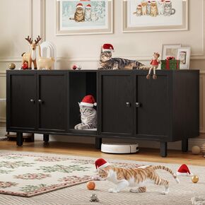 حاوية صندوق فضلات القطط مقاس 59 بوصة لقطتين، أثاث صناديق فضلات مخفية مع وسادة خدش للقطط، بيت حيوانات أليفة داخلي كبير مع غرفة مزدوجة، طاولة جانبية بحامل تلفزيون خشبي، خشب الجوز in Kuwait