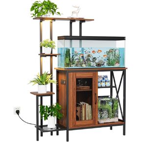 Artswish 20-29 Gallon Fish Tank Stand with Power Outlet & LED Plant Shelf - 2-in-1 Aquarium Stand, Sturdy Metal Frame with Adjustable Shelves, Walnut in Kuwait