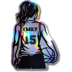 Personalized Basketball Girl Player Holographic Sticker – Custom Name and Number Vinyl Decal, Basketball Sticker for Player Athlete Team Gift – Multiple Sizes for Water Bottles, Laptops, Lockers in Saudi Arabia