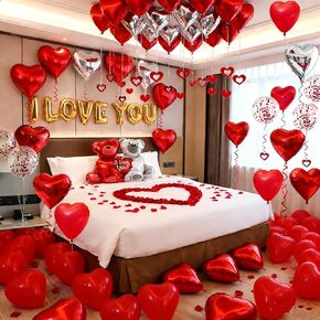 54pcs أنا أحبك القلب بالونات الديكور عيد الحب مع 50 معلقة 1000 الحرير روز البتلة الدب على شكل قلب بالونات حمراء فضية ليلة رومانسية الزفاف الذكرى ديكور عيد الحب الزينة in Kuwait