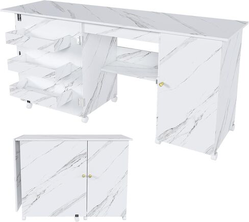 طاولة ماكينة خياطة قابلة للطي مقاس 57.5 بوصة مع عجلات قفل، مكتب حرفي متعدد التخزين مع خزانة رف قابلة للتعديل، طاولة خياطة وقطع محمولة لصياغة قطع تطريز اللحف باللون الأبيض in Kuwait