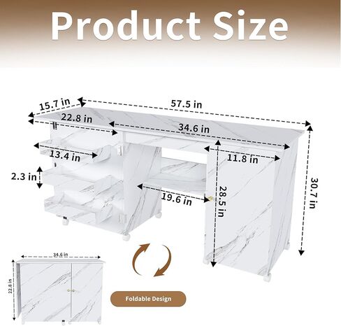 طاولة ماكينة خياطة قابلة للطي مقاس 57.5 بوصة مع عجلات قفل، مكتب حرفي متعدد التخزين مع خزانة رف قابلة للتعديل، طاولة خياطة وقطع محمولة لصياغة قطع تطريز اللحف باللون الأبيض in Kuwait