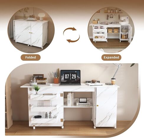 طاولة ماكينة خياطة قابلة للطي مقاس 57.5 بوصة مع عجلات قفل، مكتب حرفي متعدد التخزين مع خزانة رف قابلة للتعديل، طاولة خياطة وقطع محمولة لصياغة قطع تطريز اللحف باللون الأبيض in Kuwait