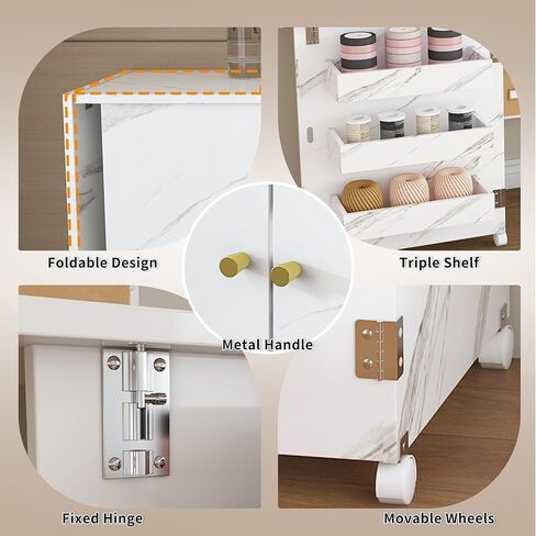 طاولة ماكينة خياطة قابلة للطي مقاس 57.5 بوصة مع عجلات قفل، مكتب حرفي متعدد التخزين مع خزانة رف قابلة للتعديل، طاولة خياطة وقطع محمولة لصياغة قطع تطريز اللحف باللون الأبيض in Kuwait