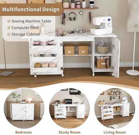 طاولة ماكينة خياطة قابلة للطي مقاس 57.5 بوصة مع عجلات قفل، مكتب حرفي متعدد التخزين مع خزانة رف قابلة للتعديل، طاولة خياطة وقطع محمولة لصياغة قطع تطريز اللحف باللون الأبيض in Kuwait