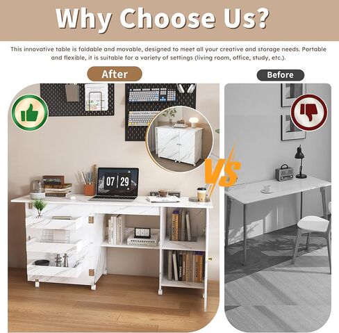 طاولة ماكينة خياطة قابلة للطي مقاس 57.5 بوصة مع عجلات قفل، مكتب حرفي متعدد التخزين مع خزانة رف قابلة للتعديل، طاولة خياطة وقطع محمولة لصياغة قطع تطريز اللحف باللون الأبيض in Kuwait