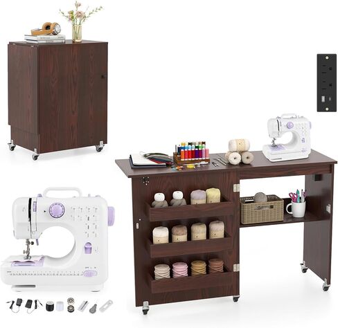 COSTWAY Folding Sewing Table with Portable Sewing Machine, 3 in 1 Drop Leaf Craft Table, Rolling Sewing Machine Desk with Charging Station, 3 Trays, Lower Shelf, 5 Universal Casters (White) in Kuwait