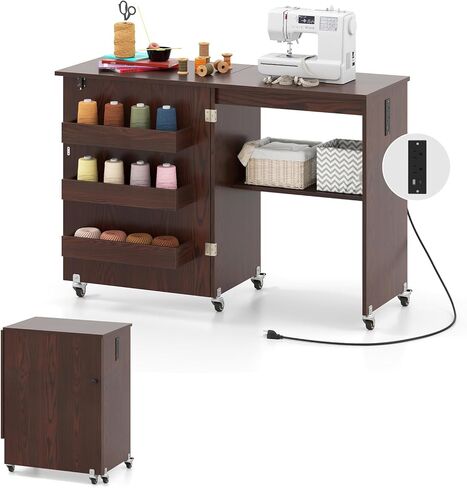 Giantex Folding Sewing Table with Charging Station, Rolling Craft Table with Storage Trays & Shelf, Foldable Sewing Machine Cabinet Desk with Lockable Wheels for Small Spaces (Dark Walnut) in Saudi Arabia