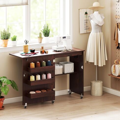 Giantex Folding Sewing Table with Charging Station, Rolling Craft Table with Storage Trays & Shelf, Foldable Sewing Machine Cabinet Desk with Lockable Wheels for Small Spaces (Dark Walnut) in Saudi Arabia